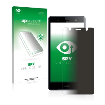 Parte frontale di una confezione del prodotto con il logo del marchio upscreen. Accanto è raffigurato il dispositivo Sony Xper