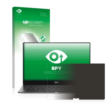Parte frontale di una confezione del prodotto con il logo del marchio upscreen. Accanto è raffigurato il dispositivo Dell XPS 
