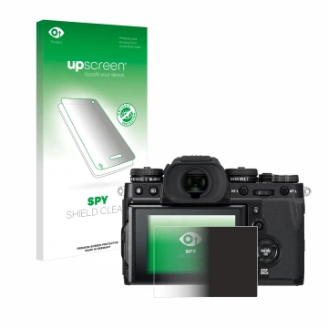Parte frontale di una confezione del prodotto con il logo del marchio upscreen. Accanto è raffigurato il dispositivo Fujifilm 