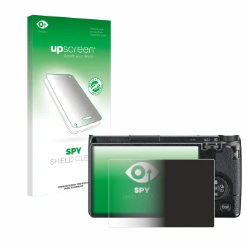Parte frontale di una confezione del prodotto con il logo del marchio upscreen. Accanto è raffigurato il dispositivo Ricoh GR 