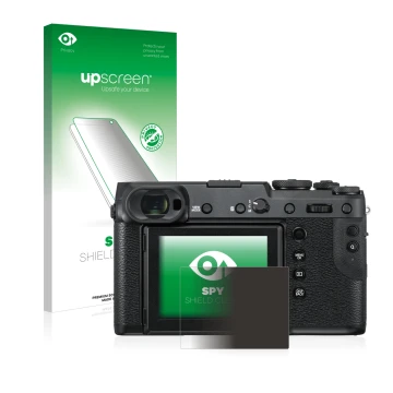 Parte frontale di una confezione del prodotto con il logo del marchio upscreen. Accanto è raffigurato il dispositivo Fujifilm 