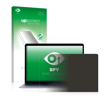 Parte frontale di una confezione del prodotto con il logo del marchio upscreen. Accanto è raffigurato il dispositivo Apple Mac