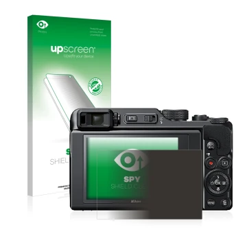 Parte frontale di una confezione del prodotto con il logo del marchio upscreen. Accanto è raffigurato il dispositivo Nikon Coo