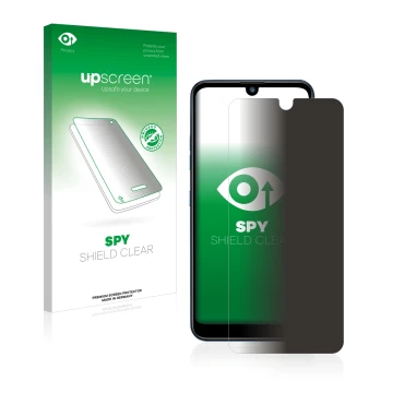 Parte frontale di una confezione del prodotto con il logo del marchio upscreen. Accanto è raffigurato il dispositivo LG Q60 co