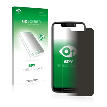 Parte frontale di una confezione del prodotto con il logo del marchio upscreen. Accanto è raffigurato il dispositivo Motorola 