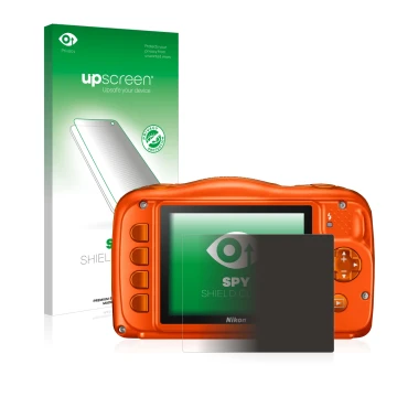 Parte frontale di una confezione del prodotto con il logo del marchio upscreen. Accanto è raffigurato il dispositivo Nikon Coo