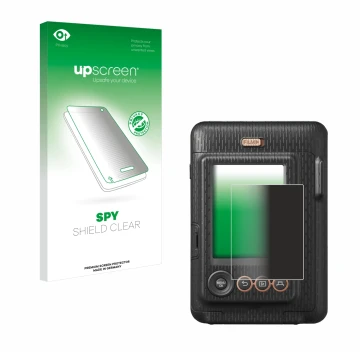 Parte frontale di una confezione del prodotto con il logo del marchio upscreen. Accanto è raffigurato il dispositivo Fujifilm 