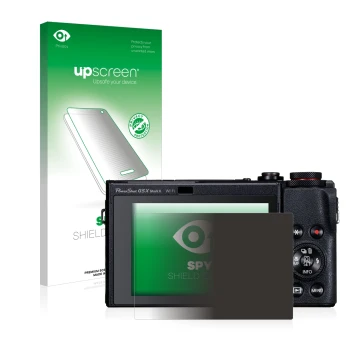 Parte frontale di una confezione del prodotto con il logo del marchio upscreen. Accanto è raffigurato il dispositivo Canon Pow