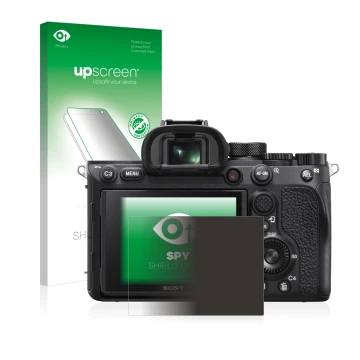 Parte frontale di una confezione del prodotto con il logo del marchio upscreen. Accanto è raffigurato il dispositivo Sony Alph