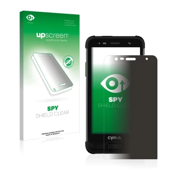 Parte frontale di una confezione del prodotto con il logo del marchio upscreen. Accanto è raffigurato il dispositivo Cyrus CS4