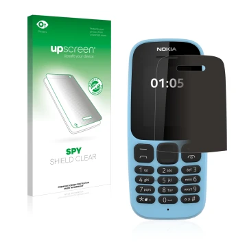 Parte frontale di una confezione del prodotto con il logo del marchio upscreen. Accanto è raffigurato il dispositivo Nokia 105