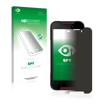 Parte frontale di una confezione del prodotto con il logo del marchio upscreen. Accanto è raffigurato il dispositivo Cubot Que