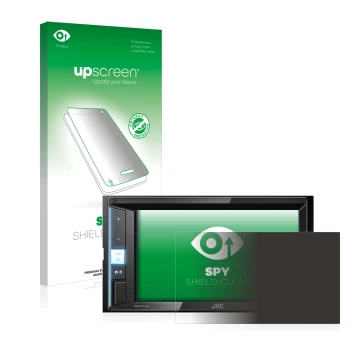 Parte frontale di una confezione del prodotto con il logo del marchio upscreen. Accanto è raffigurato il dispositivo JVC KW-M4