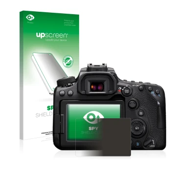 Parte frontale di una confezione del prodotto con il logo del marchio upscreen. Accanto è raffigurato il dispositivo Canon EOS