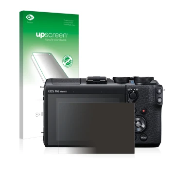 Parte frontale di una confezione del prodotto con il logo del marchio upscreen. Accanto è raffigurato il dispositivo Canon EOS