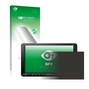 Parte frontale di una confezione del prodotto con il logo del marchio upscreen. Accanto è raffigurato il dispositivo Sony XAV-