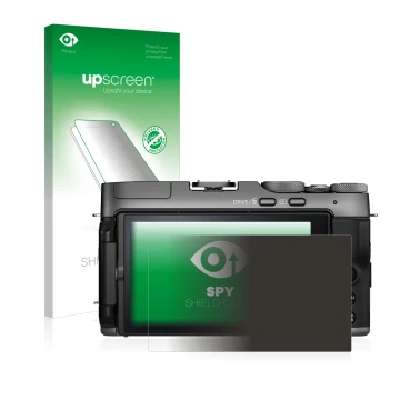 Parte frontale di una confezione del prodotto con il logo del marchio upscreen. Accanto è raffigurato il dispositivo Fujifilm 
