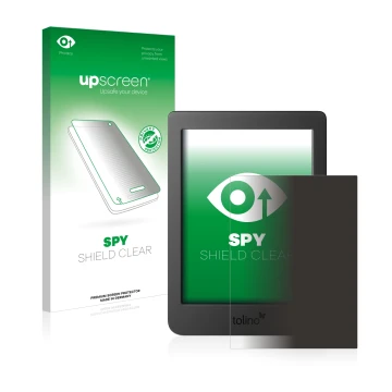 Parte frontale di una confezione del prodotto con il logo del marchio upscreen. Accanto è raffigurato il dispositivo Tolino Pa