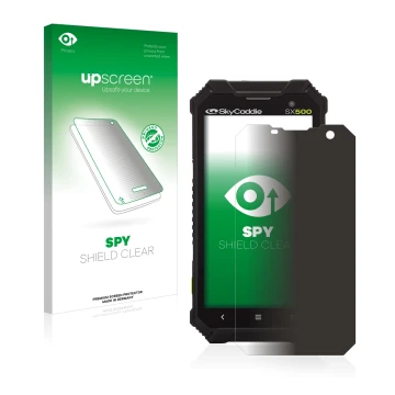 Parte frontale di una confezione del prodotto con il logo del marchio upscreen. Accanto è raffigurato il dispositivo SkyCaddie