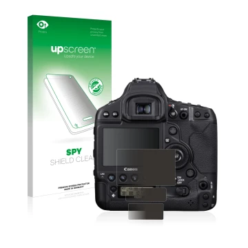 Parte frontale di una confezione del prodotto con il logo del marchio upscreen. Accanto è raffigurato il dispositivo Canon EOS