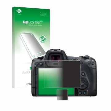 Parte frontale di una confezione del prodotto con il logo del marchio upscreen. Accanto è raffigurato il dispositivo Canon EOS