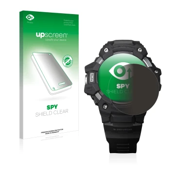 Parte frontale di una confezione del prodotto con il logo del marchio upscreen. Accanto è raffigurato il dispositivo Casio G-S