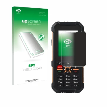 Parte frontale di una confezione del prodotto con il logo del marchio upscreen. Accanto è raffigurato il dispositivo RugGear R