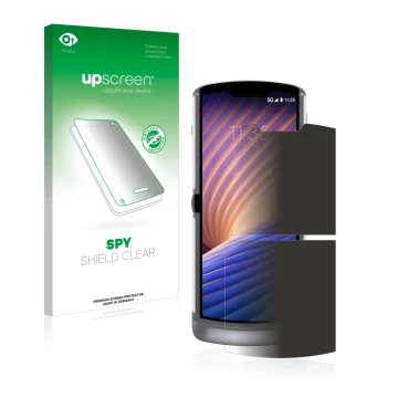 Parte frontale di una confezione del prodotto con il logo del marchio upscreen. Accanto è raffigurato il dispositivo Motorola 