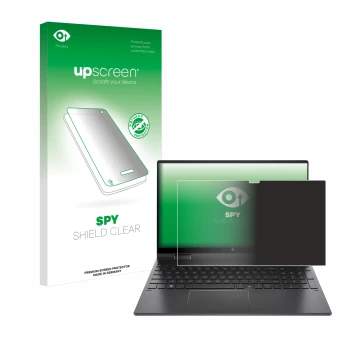 Parte frontale di una confezione del prodotto con il logo del marchio upscreen. Accanto è raffigurato il dispositivo HP Envy x