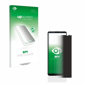 Parte frontale di una confezione del prodotto con il logo del marchio upscreen. Accanto è raffigurato il dispositivo Sony Xper