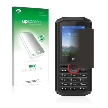 Parte frontale di una confezione del prodotto con il logo del marchio upscreen. Accanto è raffigurato il dispositivo Crosscall