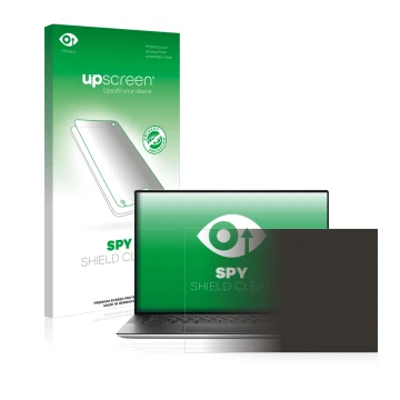 Parte frontale di una confezione del prodotto con il logo del marchio upscreen. Accanto è raffigurato il dispositivo Dell XPS 