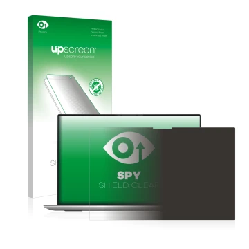 Parte frontale di una confezione del prodotto con il logo del marchio upscreen. Accanto è raffigurato il dispositivo Dell XPS 