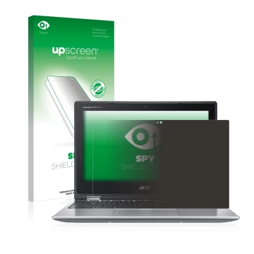 Parte frontale di una confezione del prodotto con il logo del marchio upscreen. Accanto è raffigurato il dispositivo Acer Chro