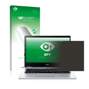 Parte frontale di una confezione del prodotto con il logo del marchio upscreen. Accanto è raffigurato il dispositivo Acer Spin