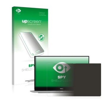 Parte frontale di una confezione del prodotto con il logo del marchio upscreen. Accanto è raffigurato il dispositivo Dell XPS 