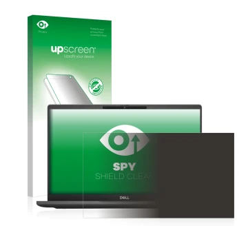 Parte frontale di una confezione del prodotto con il logo del marchio upscreen. Accanto è raffigurato il dispositivo Dell Lati