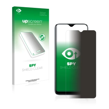 Parte frontale di una confezione del prodotto con il logo del marchio upscreen. Accanto è raffigurato il dispositivo realme C1