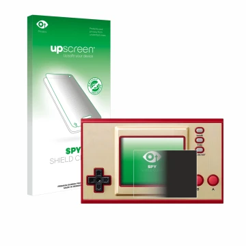 Parte frontale di una confezione del prodotto con il logo del marchio upscreen. Accanto è raffigurato il dispositivo Nintendo 