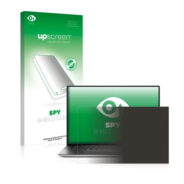 Parte frontale di una confezione del prodotto con il logo del marchio upscreen. Accanto è raffigurato il dispositivo Dell XPS 