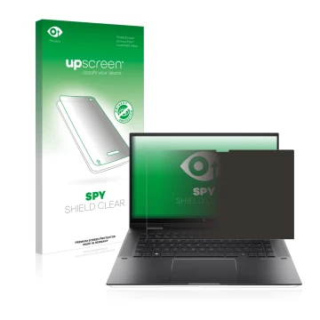 Parte frontale di una confezione del prodotto con il logo del marchio upscreen. Accanto è raffigurato il dispositivo HP Envy x