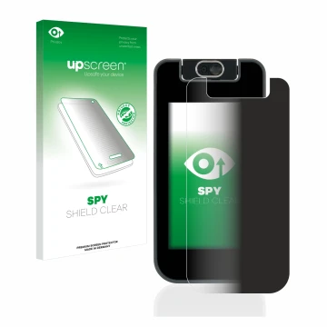 Parte frontale di una confezione del prodotto con il logo del marchio upscreen. Accanto è raffigurato il dispositivo Vtech Kid