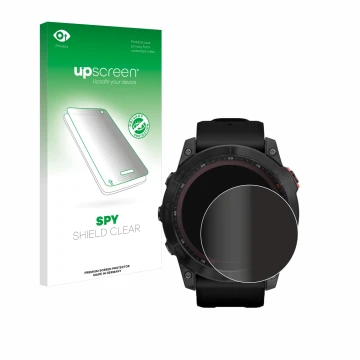 Parte frontale di una confezione del prodotto con il logo del marchio upscreen. Accanto è raffigurato il dispositivo Garmin Fe
