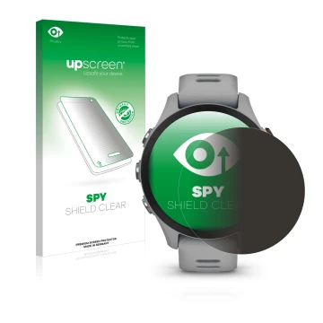 Parte frontale di una confezione del prodotto con il logo del marchio upscreen. Accanto è raffigurato il dispositivo Garmin Fo