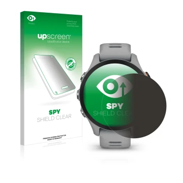 Parte frontale di una confezione del prodotto con il logo del marchio upscreen. Accanto è raffigurato il dispositivo Garmin Fo