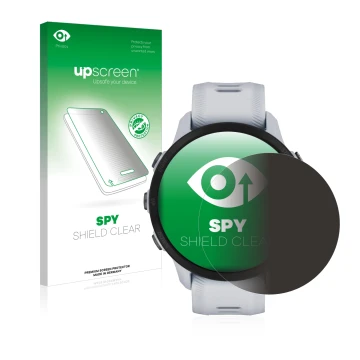 Parte frontale di una confezione del prodotto con il logo del marchio upscreen. Accanto è raffigurato il dispositivo Garmin Fo