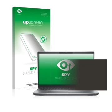 Parte frontale di una confezione del prodotto con il logo del marchio upscreen. Accanto è raffigurato il dispositivo Dell Lati