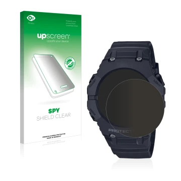 Parte frontale di una confezione del prodotto con il logo del marchio upscreen. Accanto è raffigurato il dispositivo Casio G-S