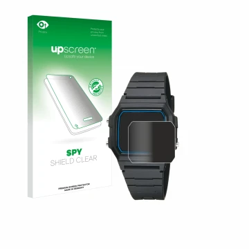 Parte frontale di una confezione del prodotto con il logo del marchio upscreen. Accanto è raffigurato il dispositivo Casio F-1