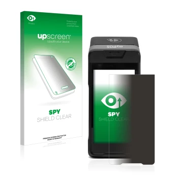Parte frontale di una confezione del prodotto con il logo del marchio upscreen. Accanto è raffigurato il dispositivo myPOS Car